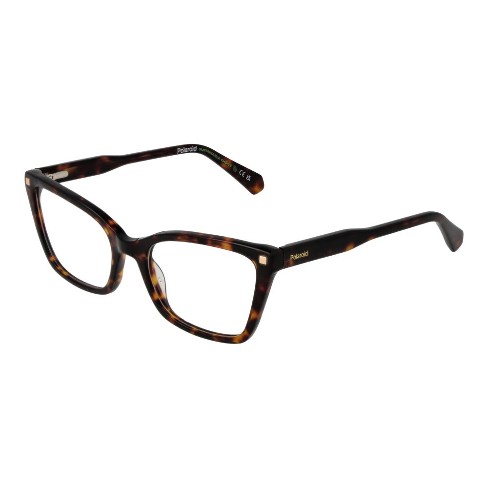 Polaroid Brown Women Glasses Frame in eco acetate full-rim cat eye style with demo lenses, featuring spring hinge for comfort.