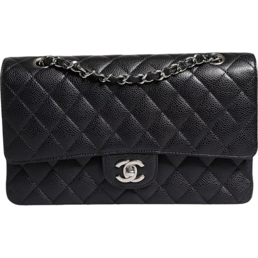 Chanel Black Caviar Medium Classic Double Flap Shoulder Quilted Silver Bag Chanel Dark Slate Gray