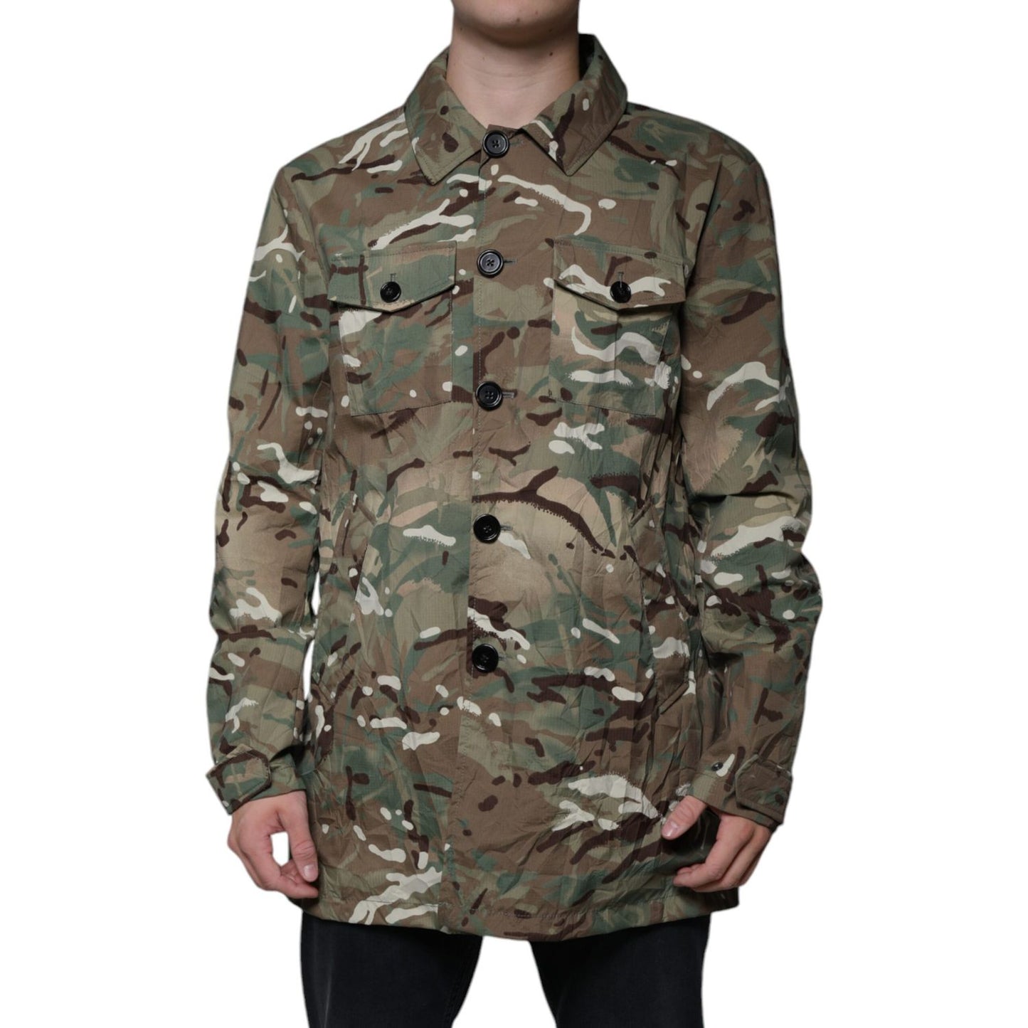 Dolce & Gabbana Multicolor Camouflage Collared Coat Jacket1728,67345645728,Clothing,Dolce & Gabbana,Full-Length Jackets - Jackets & Coats - Clothing,IT52 | XL,Jackets & Coats - Clothing,Jackets - Men - Clothing,Material: Cotton,Men,Multicolor,Preowned / D