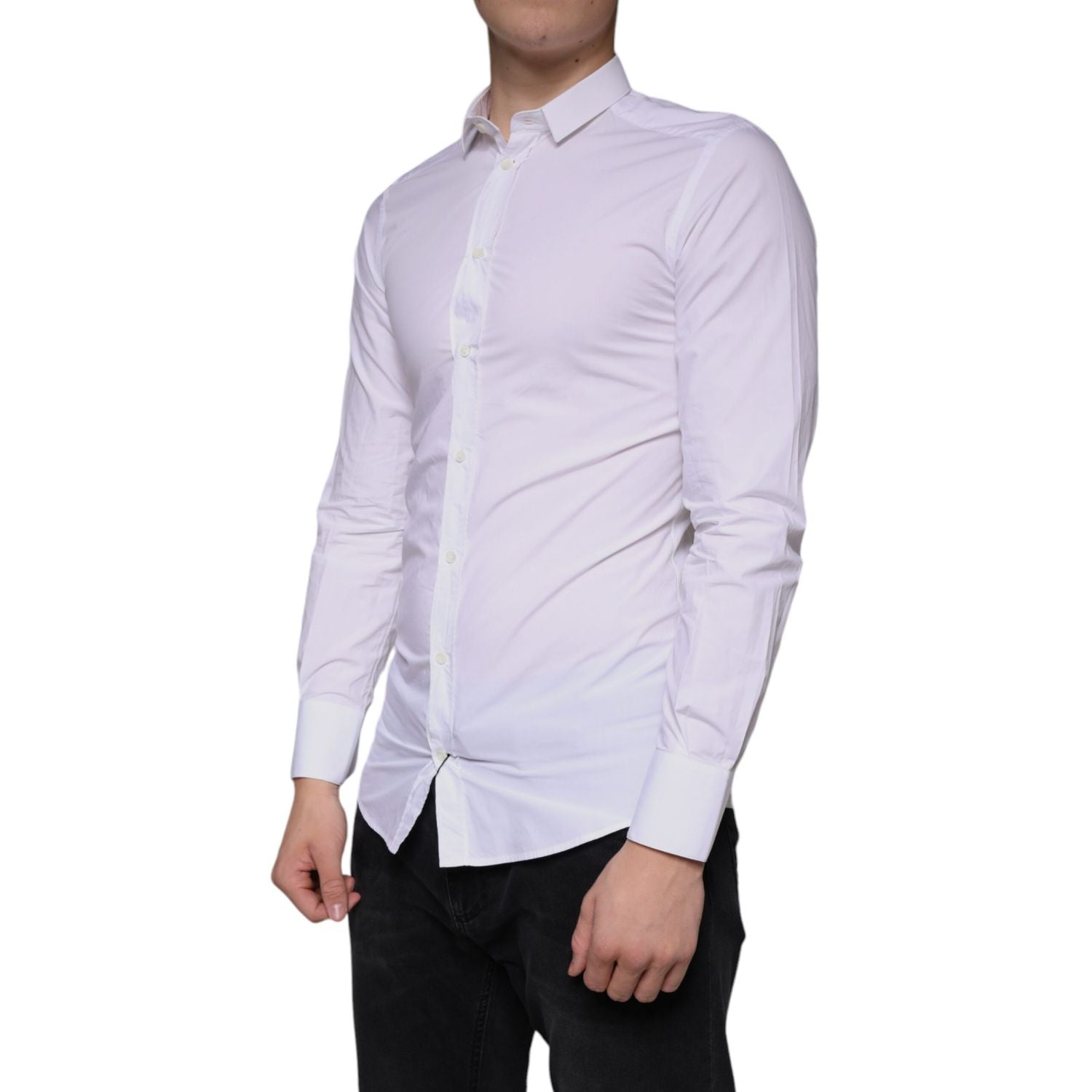 Dolce & Gabbana White Cotton Dress GOLD Formal Collared Shirt