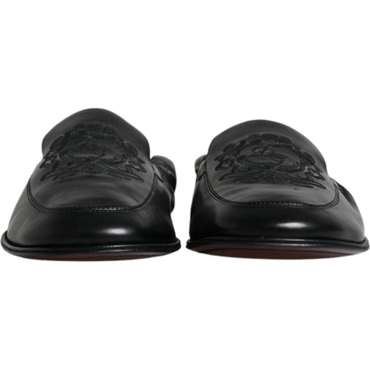 Dolce & Gabbana Black Logo Embroidered Leather Loafer Men Dress Shoes Dolce & Gabbana Dark Slate Gray