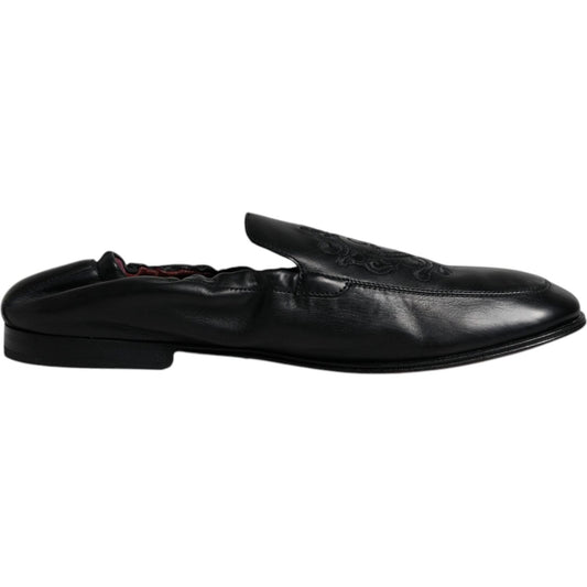Dolce & Gabbana Black Logo Embroidered Leather Loafer Men Dress Shoes Dolce & Gabbana Black