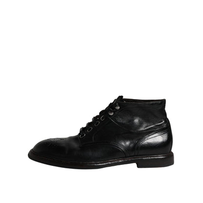 Dolce & Gabbana Black Leather Men Short Boots Lace Up Shoes