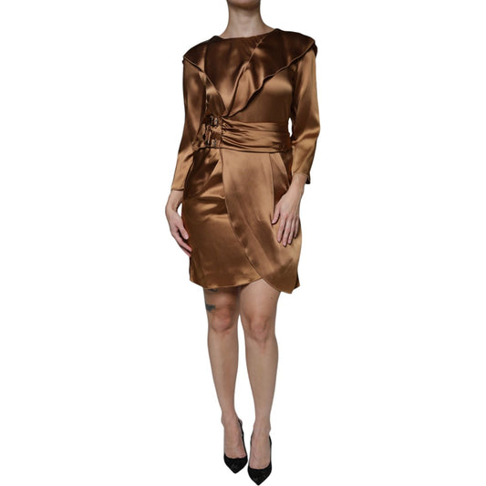 Emporio Armani Brown Satin Long Sleeves Wrap Sheath Mini Dress Emporio Armani Sienna