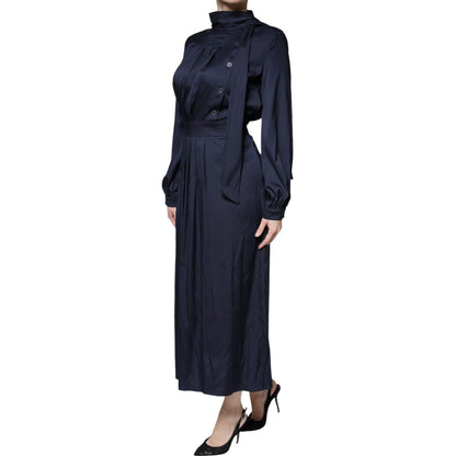 Ballantyne Dark Blue Long Sleeves Pleated A-line Maxi Dress