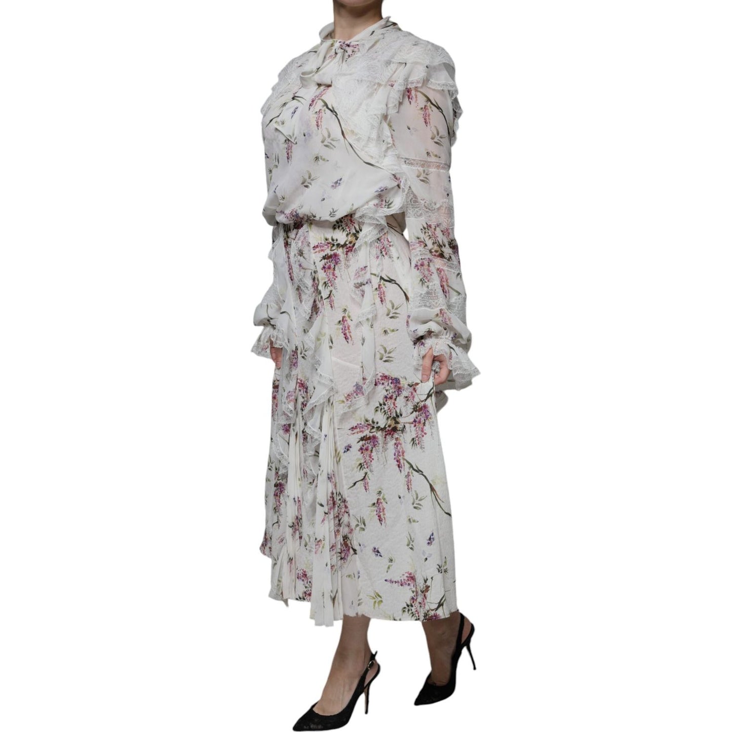 Ermanno Scervino White Floral Ruffles Lace Long Sleeves Maxi Dress Ermanno Scervino Dark Gray