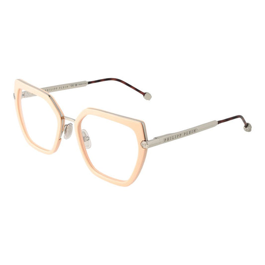 Philipp Plein Pink Women Glasses Frame, rose full-rim metal & plastic, rectangle style with demo lenses and branded case.