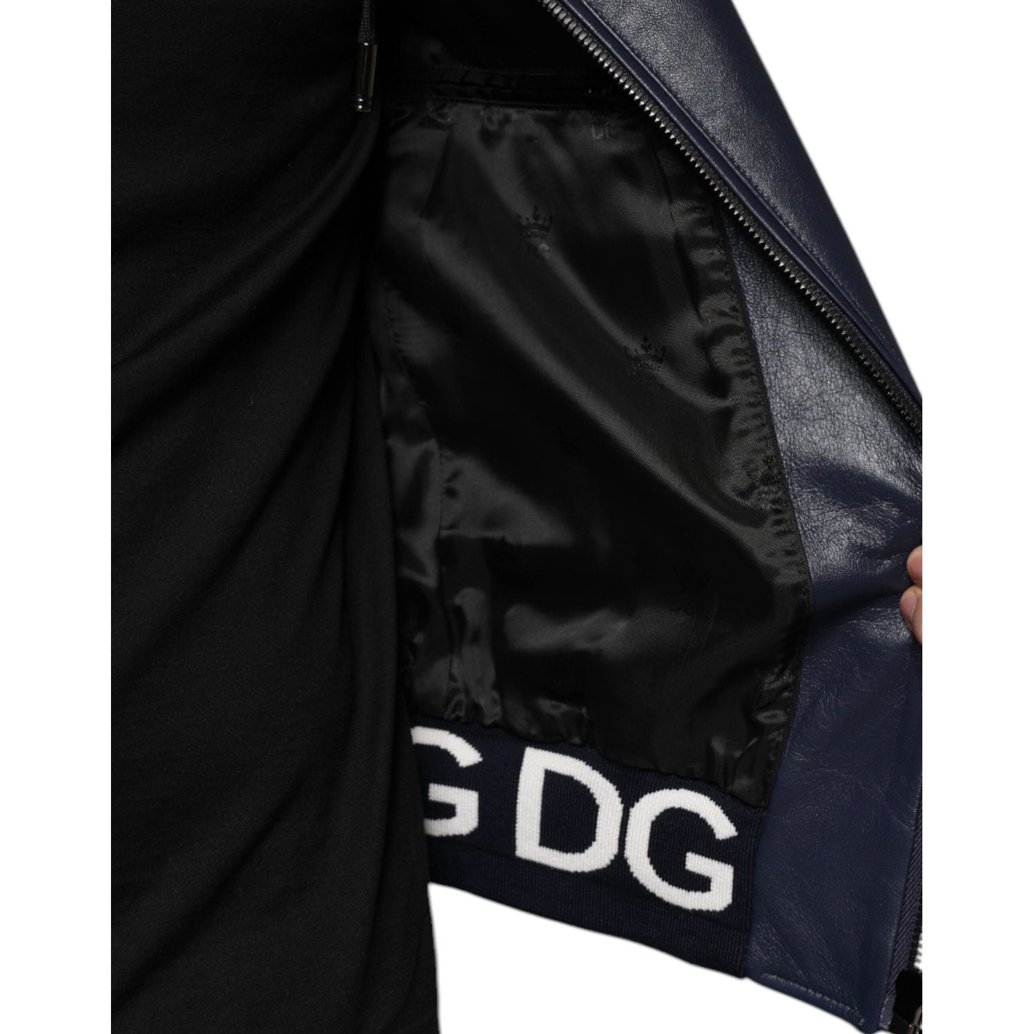 Dolce & Gabbana Blue Leather Full Zip Hooded Bomber Jacket