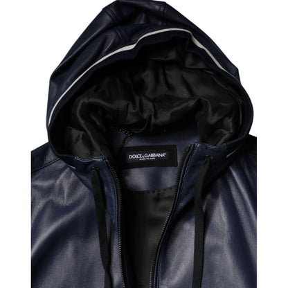 Dolce & Gabbana Blue Leather Full Zip Hooded Bomber Jacket