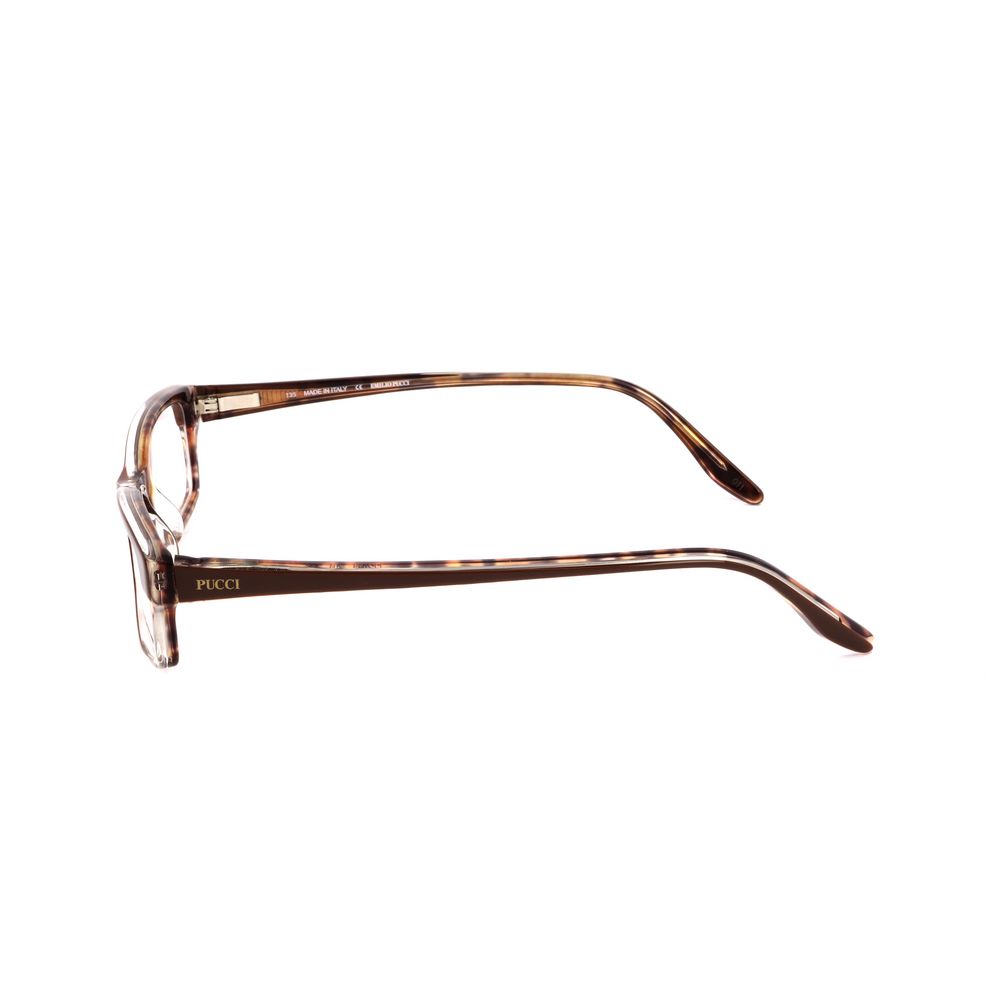 Alt Tag: Side view of Emilio Pucci Brown Plastic Frames, featuring chocolate color, plastic material, and dimensions 51/15/135 mm.