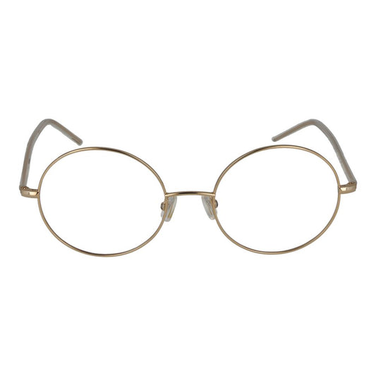 Hugo Boss Gold Women Glasses Frame, full-rim round style, titanium material, gold color, featuring demo plastic lenses.