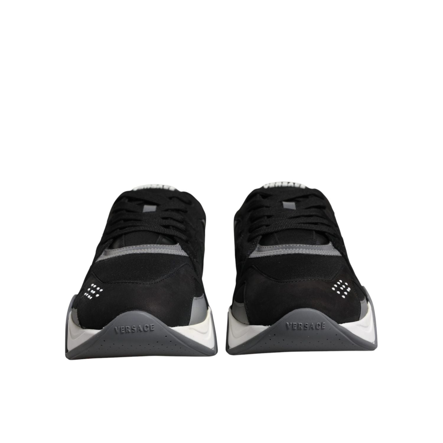 Versace Black Leather Neoprene Chunky Low Top Sneakers Squalo Shoes