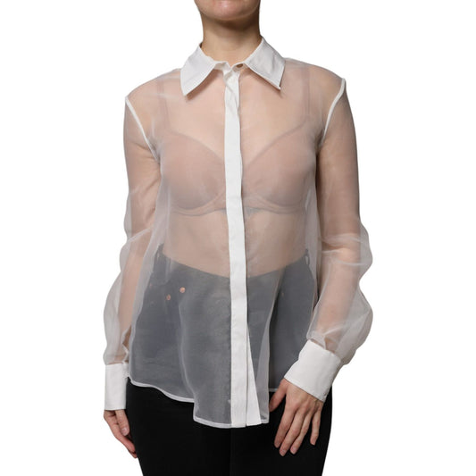 Elisabetta Franchi White Sheer Collared Buttoned Long Sleeves Top Elisabetta Franchi Rosy Brown