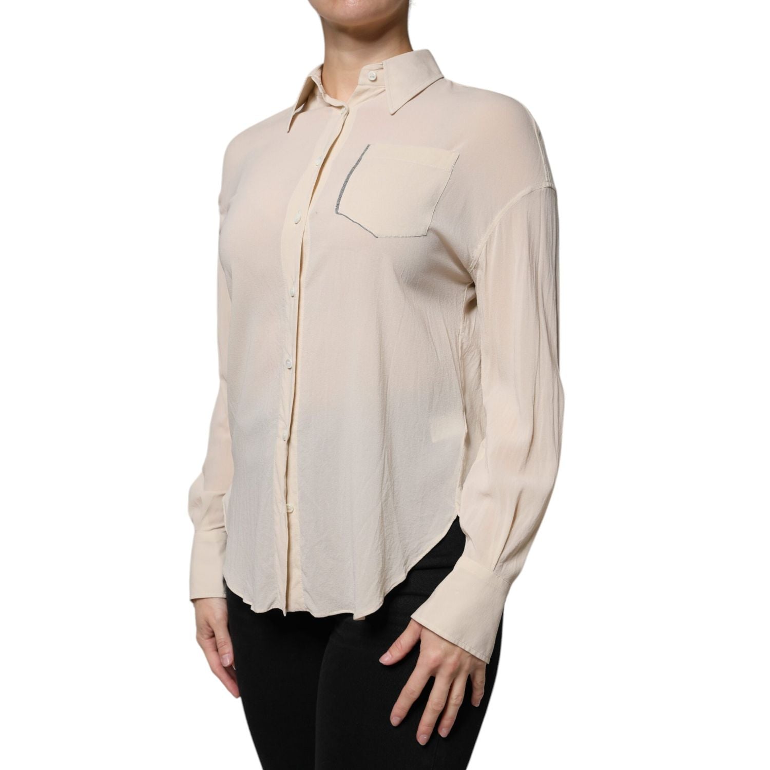 Brunello Cucinelli Beige Silk Blend Collared Button Down Top