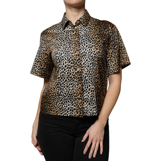 Dolce & Gabbana Brown Leopard Print Short Sleeves Blouse Top Dolce & Gabbana Rosy Brown