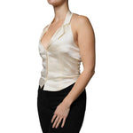 L'Autre Chose Off White Silk Sleeveless Buttoned Halter Top