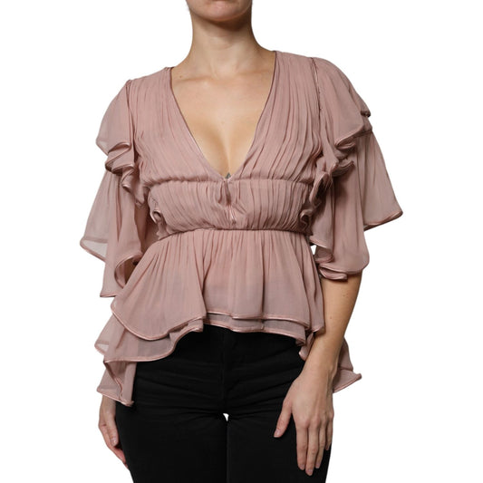Alberta Ferretti Brown Silk Short Sleeves V-neck Pleated Top Alberta Ferretti Rosy Brown