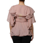 Alberta Ferretti Brown Silk Short Sleeves V-neck Pleated Top