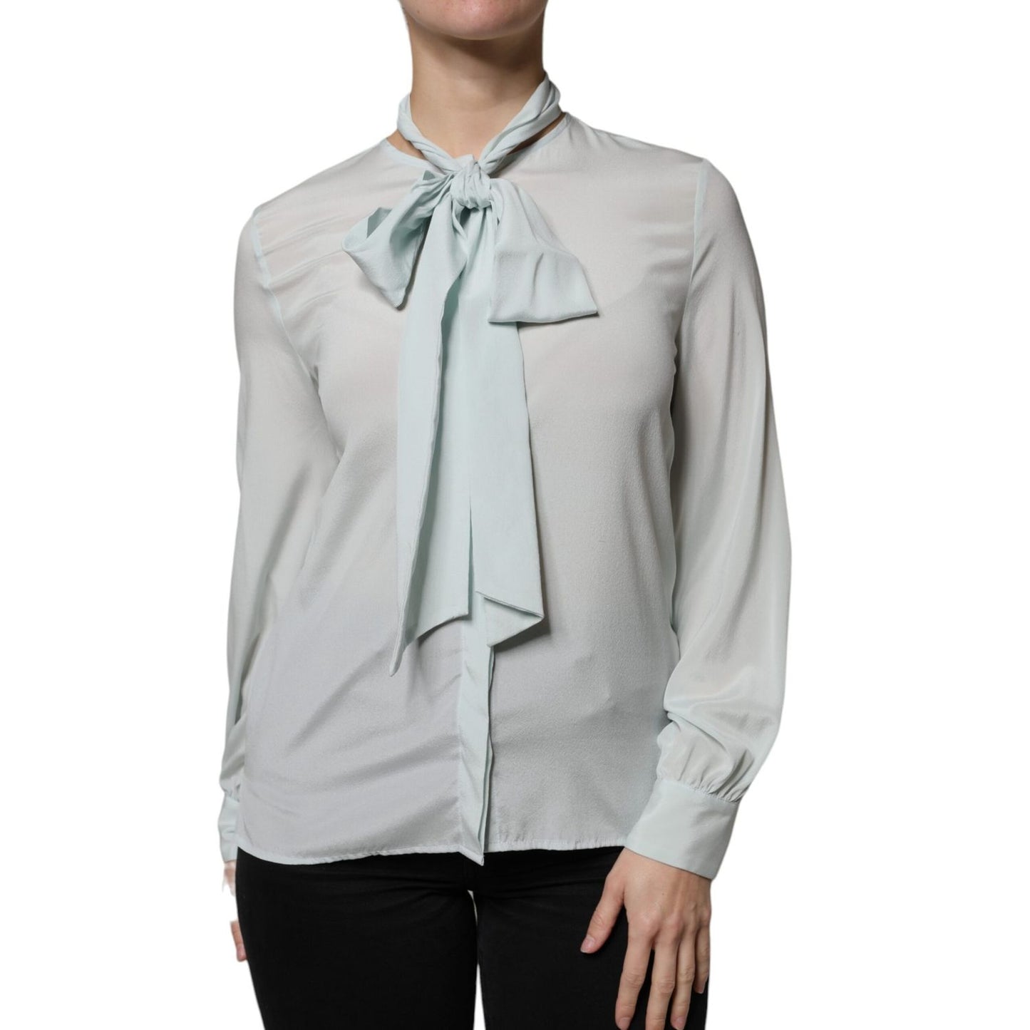 Ballantyne Light Blue Silk Ascot Collared Long Sleeves Top