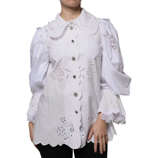 Dolce & Gabbana White Cotton Lace Trim Collared Blouse Top Dolce & Gabbana Gray