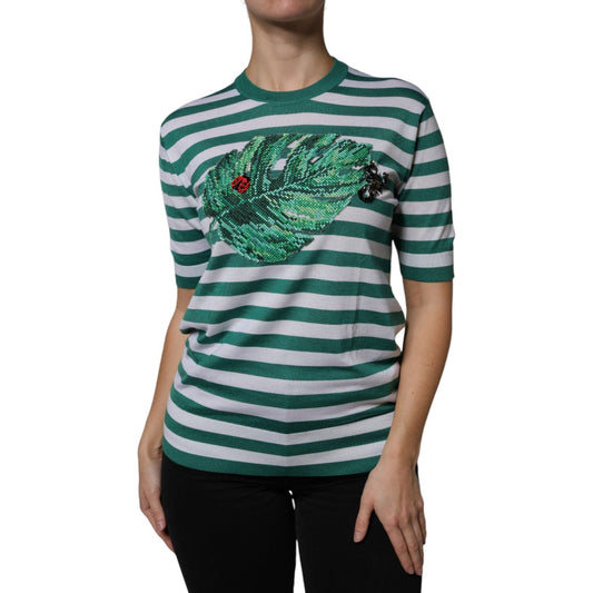 Dolce & Gabbana White Green Stripe Leaf Crew Neck T-shirt Dolce & Gabbana Dark Slate Gray