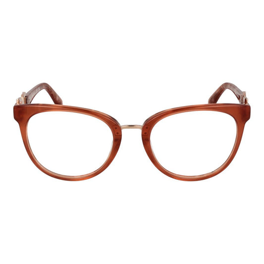 Front view of Marciano by Guess Brown Women Glasses Frame in acetate, full-rim round style, with demo lenses and branded case.