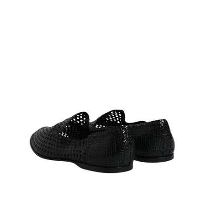 Dolce & Gabbana Black Woven Leather Slip On Loafers Shoes
