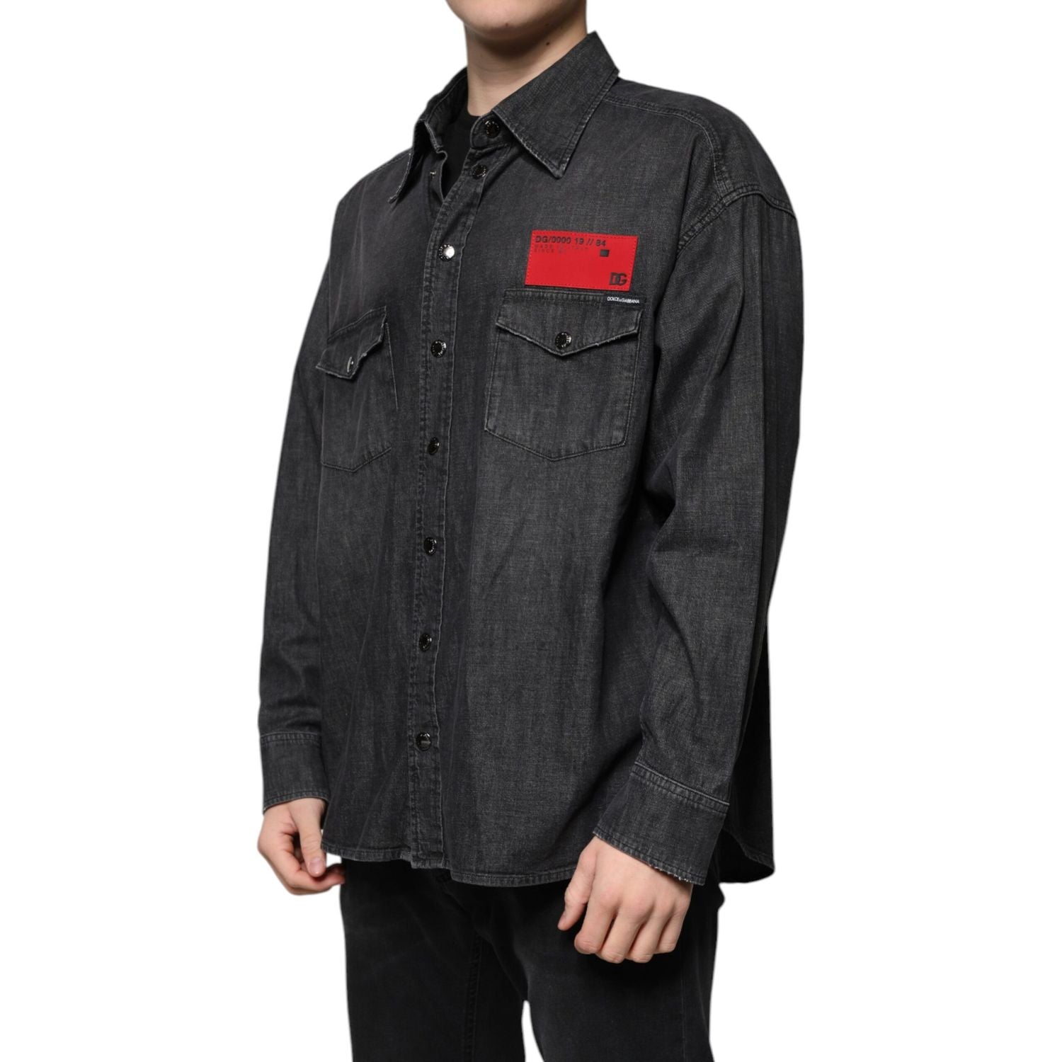 Dolce & Gabbana Black Logo Cotton Button Down Denim Shirt