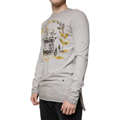 Dolce & Gabbana Gray Printed Cotton Crewneck Pullover Sweater