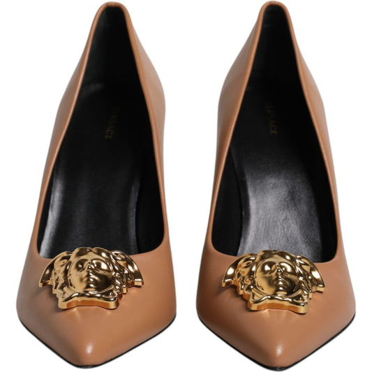 Versace Versace Brown Leather Logo Plaque High Heels Pumps Shoes LA12126-37 1728,67345645728,Brown,EU37/US7,EU38/US7.5,EU39/US8.5,Material: 100% Calf Leather,New with tags,Pumps - Women - Shoes,Shoes,Versace,Women,Women - Shoes