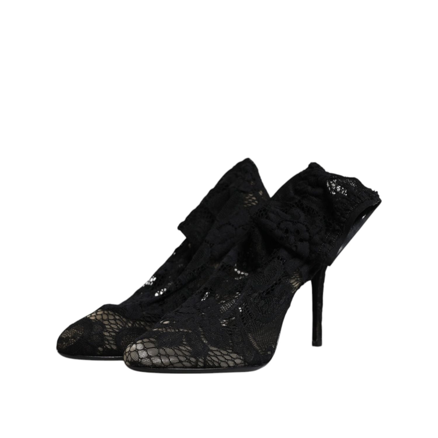 Dolce & Gabbana Black Lace Stretch Heels Mid Calf Boots Shoes