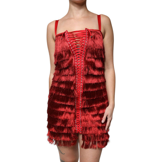 Dolce & Gabbana Red Lace Tassel Sleeveless Sheath Mini Dress