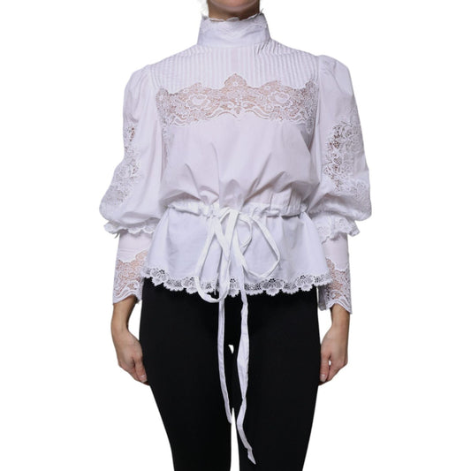 Dolce & Gabbana Dolce & Gabbana White Cotton Lace Trim Turtleneck Blouse Top TSH87562-44 1728,67345645728,Clothing,Dolce & Gabbana,IT44 | L,Material: 85% Cotton 10% Nylon 5% Polyester,Preowned / Defect,Tops & T-Shirts - Women - Clothing,White,Women,Women
