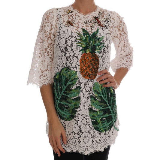 Dolce & Gabbana Elegant White Lace Embellished Mini Blouse Dolce & Gabbana Dark Gray