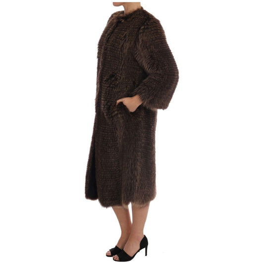 Dolce & Gabbana Elegant Brown Raccoon Fur Knee-Length Coat Coats & Jackets Dolce & Gabbana Dark Slate Gray