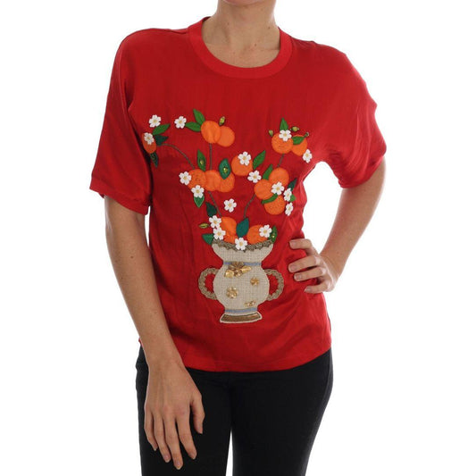Dolce & Gabbana Red Silk Floral Embroidered Elegance Top Dolce & Gabbana Brown