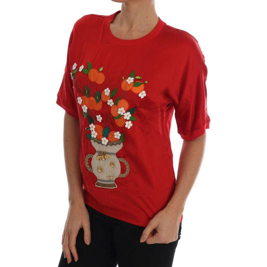 Dolce & Gabbana Red Silk Floral Embroidered Elegance Top Dolce & Gabbana Brown