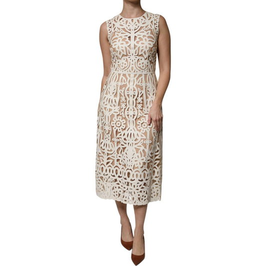 Dolce & Gabbana Dolce & Gabbana White Cut Out Leather Sleeveless Midi Dress DR281233-40 1728,67345645728,Clothing,Dolce & Gabbana,Dresses - Women - Clothing,IT40|S,Material: 50% Lamb Leather 50% Polyester,New with tags,White,Women,Women - Clothing
