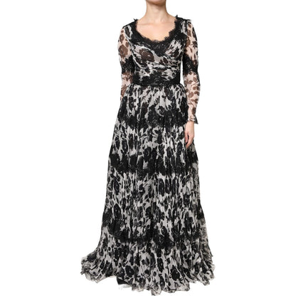 Dolce & Gabbana Black Silk Floral Lace Ricamo Ball Maxi Dress
