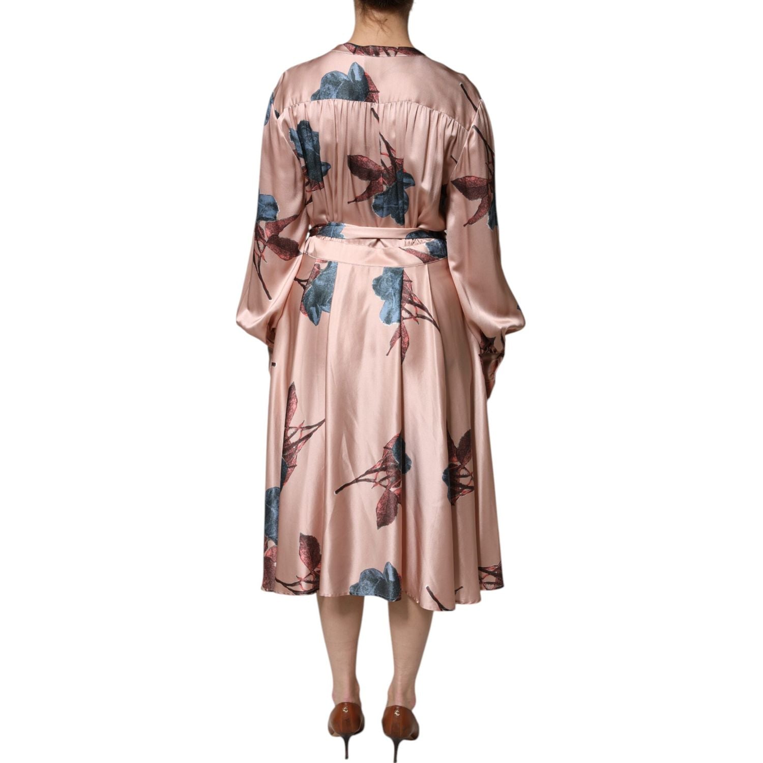 L'Autre Chose Pink Satin Floral Long Sleeves A-line Midi Dress