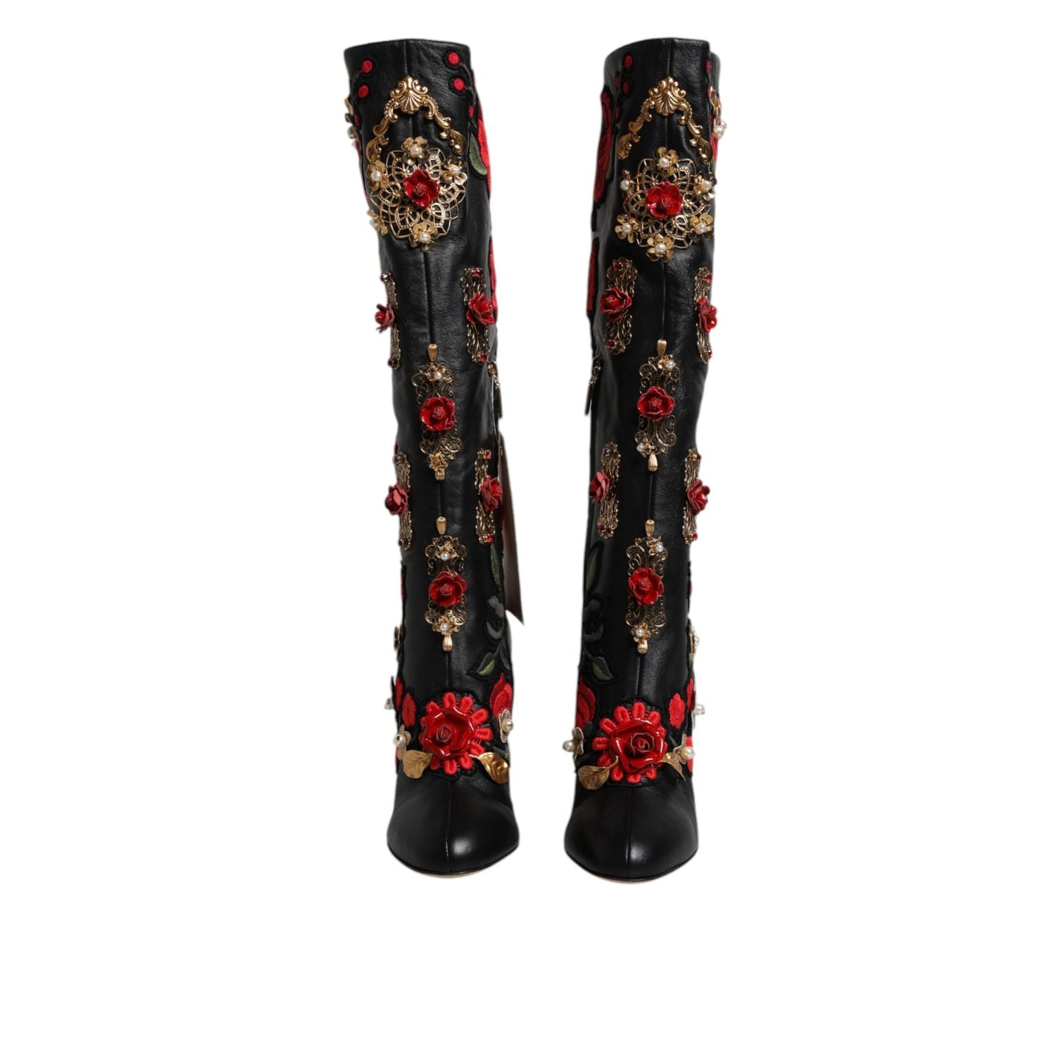Dolce & Gabbana Black Roses Embellished Leather Heel Boots Shoes