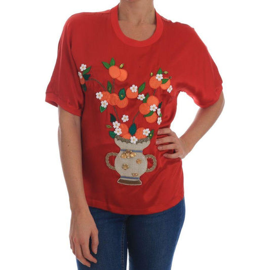 Dolce & Gabbana Elegant Red Silk Crystal-Embellished Blouse Dolce & Gabbana Brown