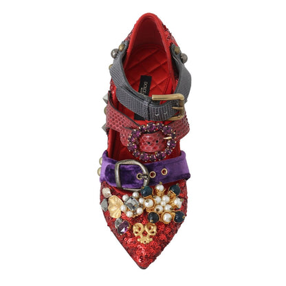 Dolce & Gabbana Red Sequined Crystal Studs Heels Shoes