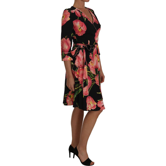 Dolce & Gabbana Elegant Black Shift Dress with Pink Tulips Print Dolce & Gabbana Dark Slate Gray