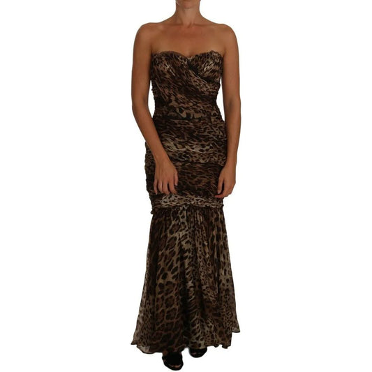 Dolce & Gabbana Brown Leopard Silk Chiffon Ruched Mermaid Maxi Dress