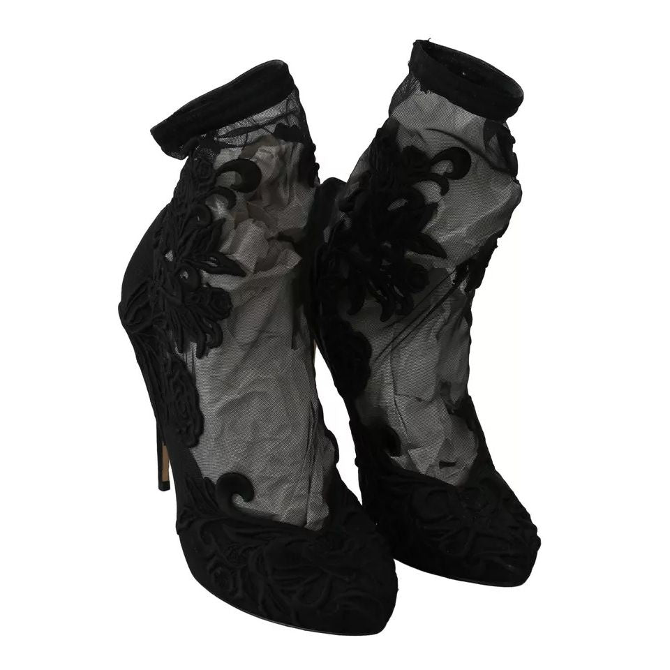 Dolce & Gabbana Black Tulle Stretch Floral Booties Shoes
