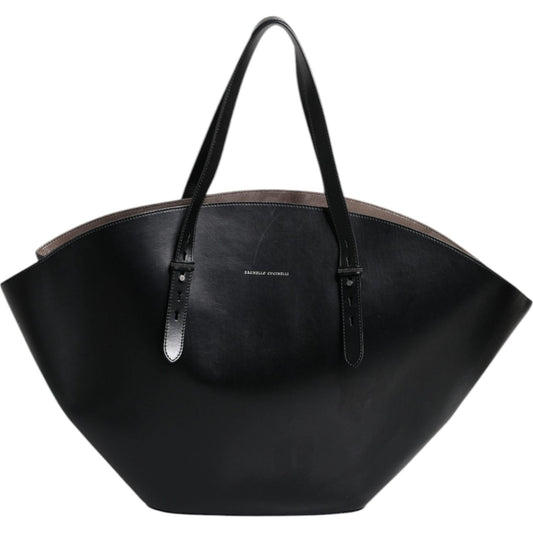Brunello Cucinelli Black Leather Logo Shoulder Strap Shopping Tote Bag BAG1576