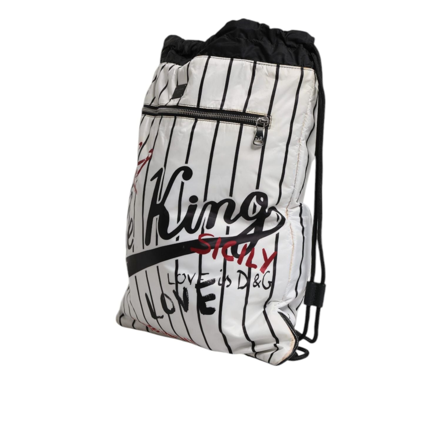 Dolce & Gabbana Black White Striped Polyester Drawstring Backpack Bag