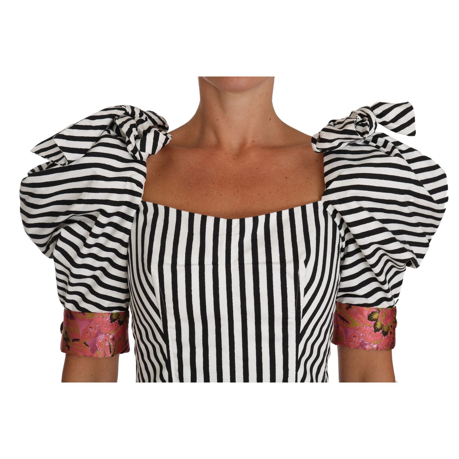 Dolce & Gabbana White Black Striped Cropped Top Puff Sleeve Shirts