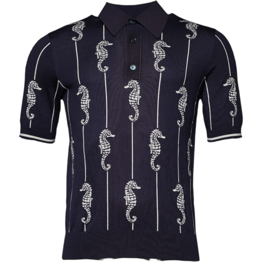 Dolce & Gabbana Dark Blue Sea Horse Collared Polo T-shirt